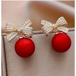 Red Christmas Ball Earrings Gold Crystal Bows
